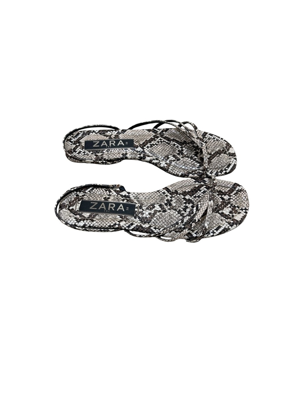 ZARA Snake-Print Strappy flat toe Sandals in Black & White size 9